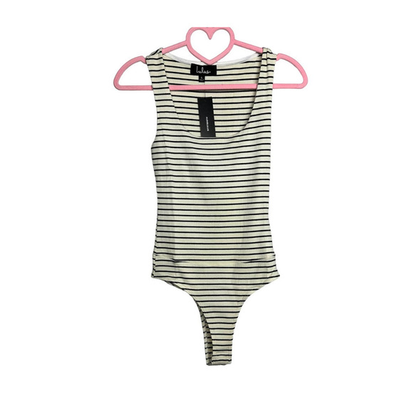 Lulus NWT Square'd You Go Striped Ribbed Square Neck Bodysuit White Size Small - Picture 3 of 8